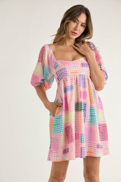 Houndstooth Pattern Puff Sleeve Dress Pink Southern Fashion Boutique