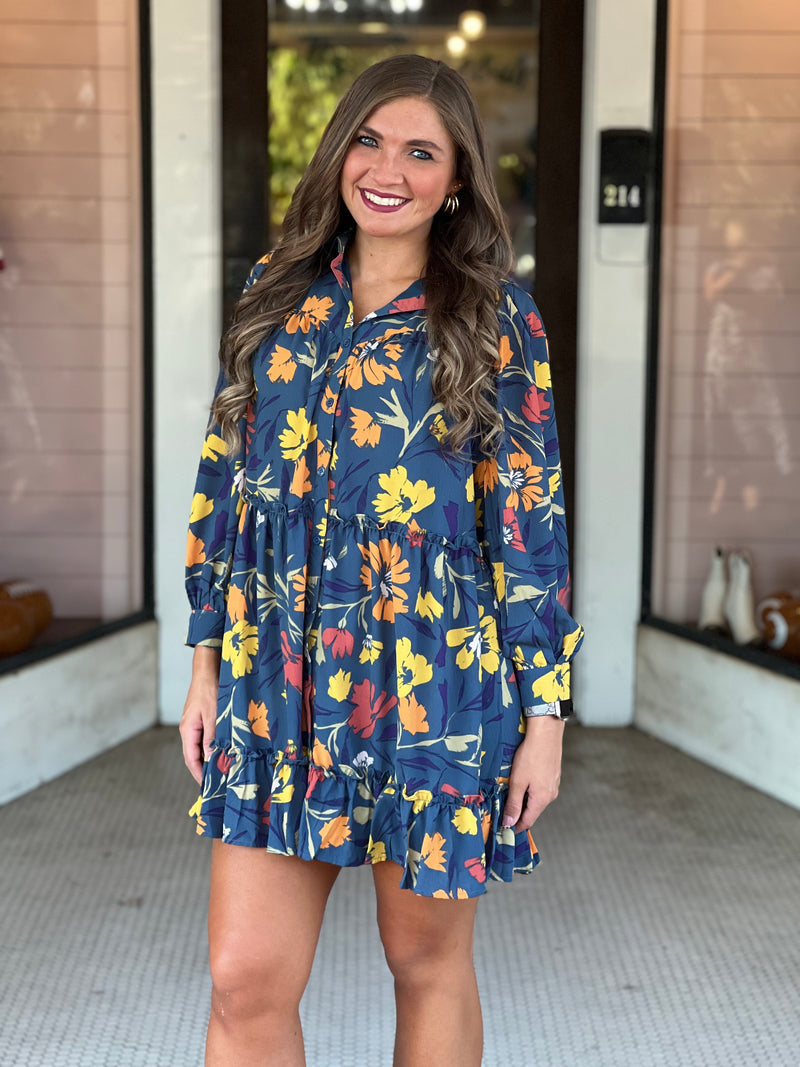 Fall Floral Mini Dress Navy