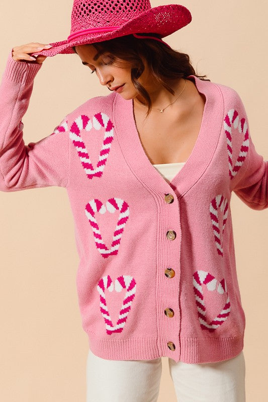 Christmas Candy Cane Sweater Cardigan Pink