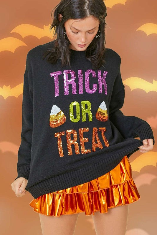 Halloween Trick Or Treat Sequin Sweater Black