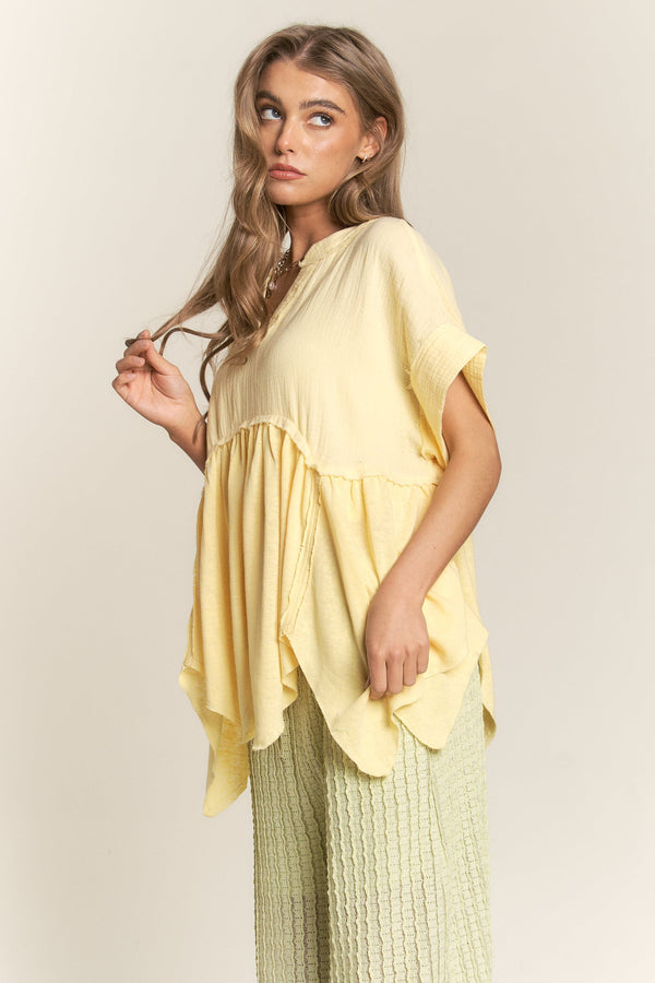 Short Sleeve Handkerchief Top Pastel Lemon