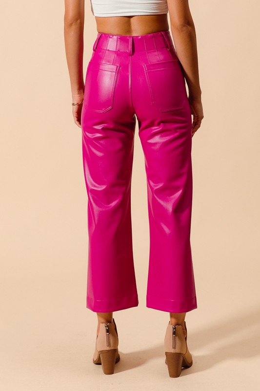 Faux Leather Wide Leg Boot Cut Pants Fuchsia