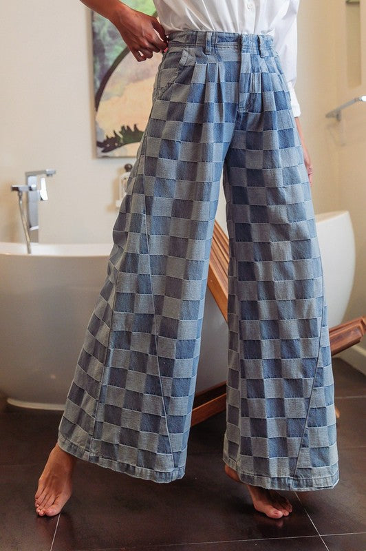 Washed Two Tone Checker Wide Pants Denim