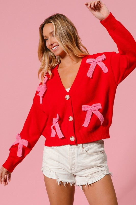 Ribbon Bow Sweater Cardigan Red/Pink