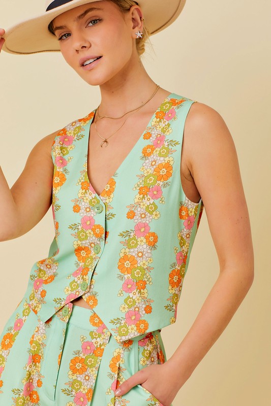 Floral Border Printed Vest Sage