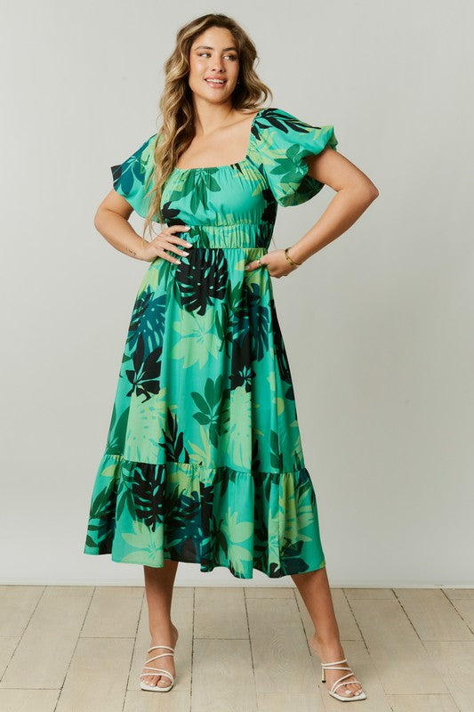 Tropical Leaves Print Midi Dress Green