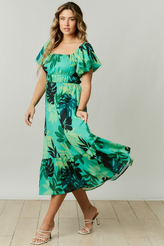 Tropical Leaves Print Midi Dress Green