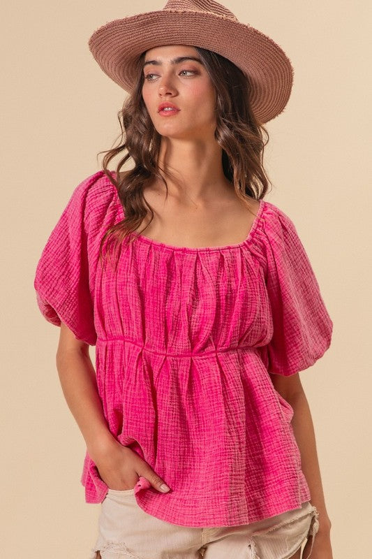 Puff Sleeve Vintage Wash Top Fuchsia