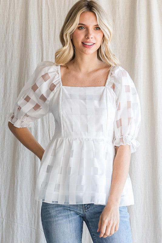 Mesh-Checkered Peplum Top White