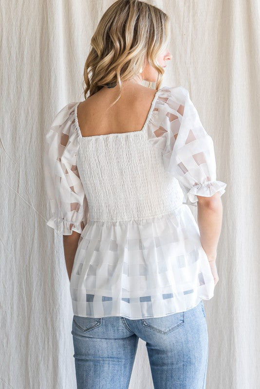 Mesh-Checkered Peplum Top White