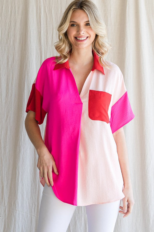 Colorblock Open Collared Top Hot Pink Mix