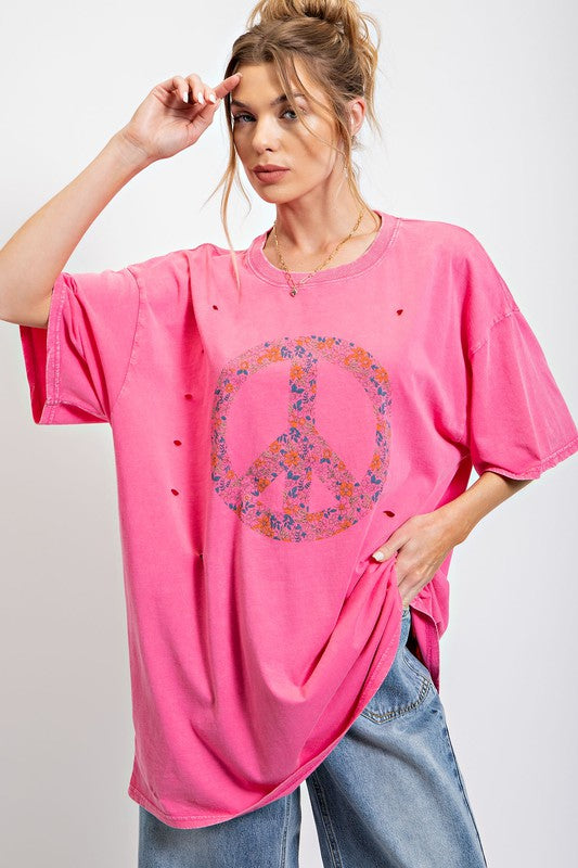 Peace Sign Print Washed Top Bubble Gum