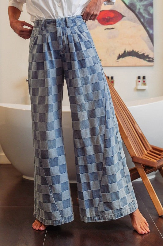 Washed Two Tone Checker Wide Pants Denim