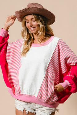 Heavy Loop Terry Stripe Pullover Ivory/Fuchsia