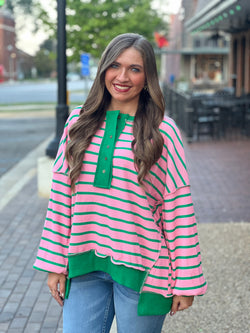 Thermal Stripe Sweatshirt Green/Pink