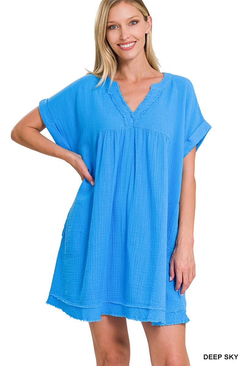 Double Gauze Raw Edge V-Neck Dress Deep Sky