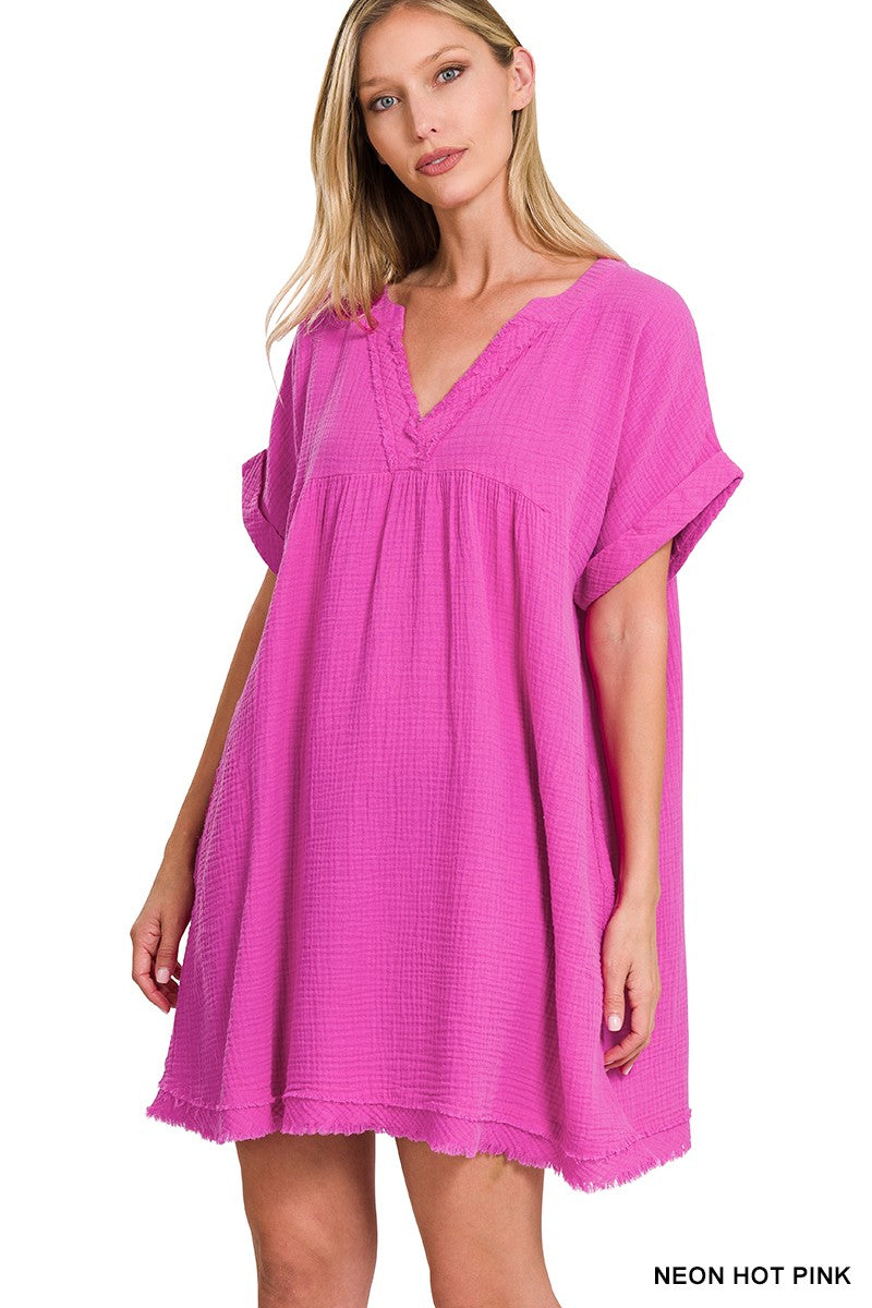 Double Gauze Raw Edge V-Neck Dress Hot Pink