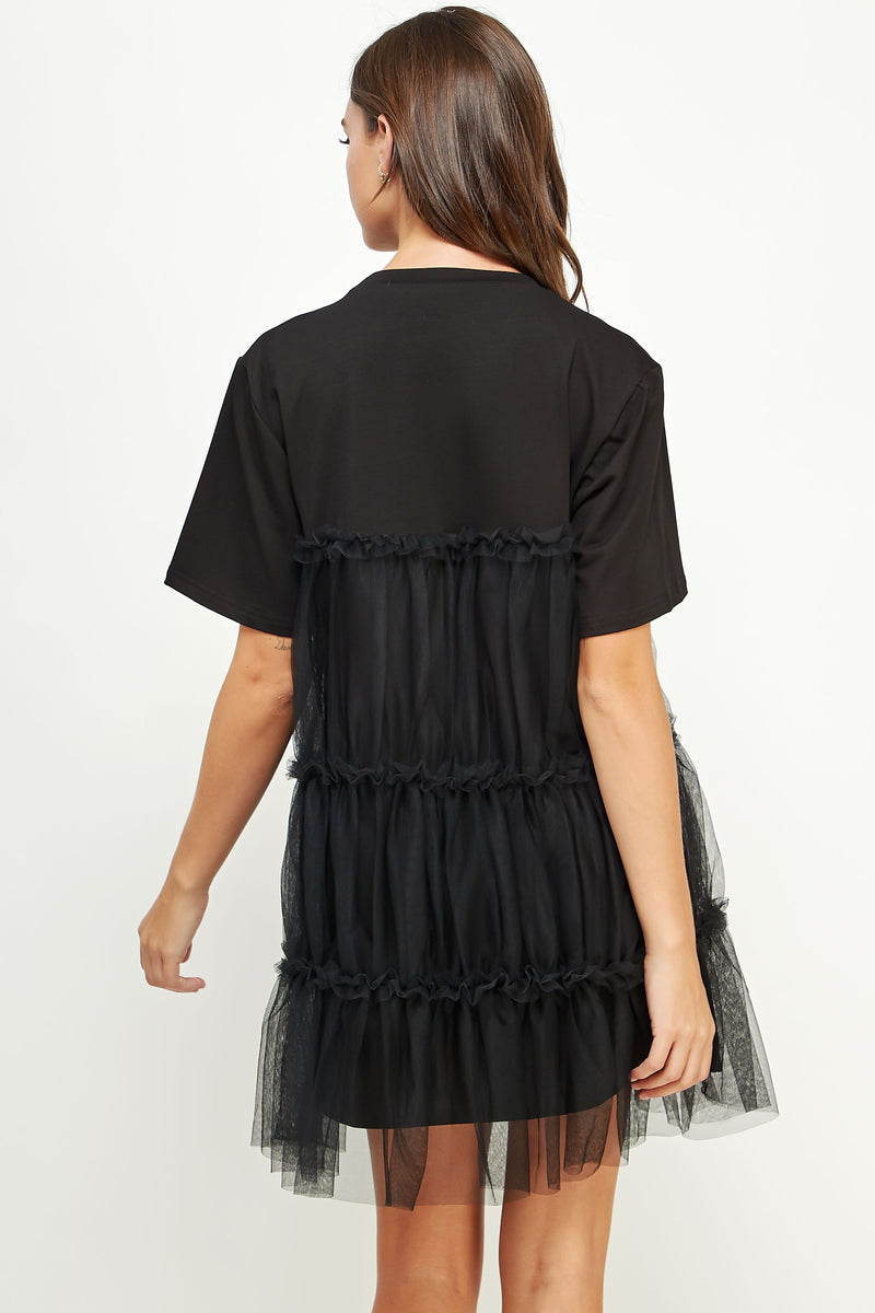 Tulle Overlay Tiered Mini Dress Black