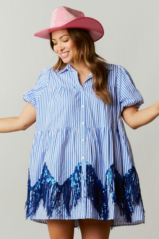 Fringed Stripe Print Shirt Dress w/Sequins Blue