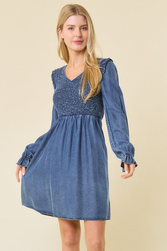 V-Neck Smocked Mini Dress Dark Denim