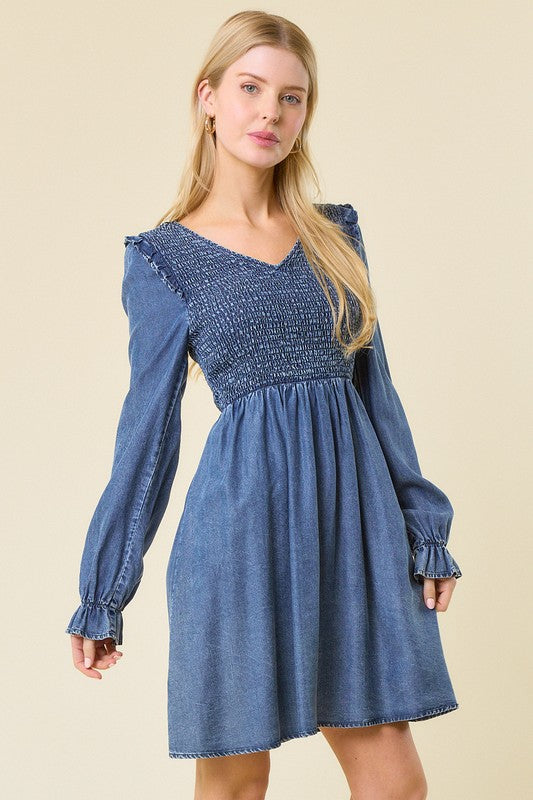 V-Neck Smocked Mini Dress Dark Denim