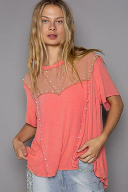 Oversize Pearl Detail Ribbed Top Pink