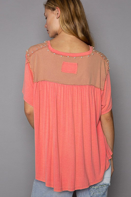 Oversize Pearl Detail Ribbed Top Pink