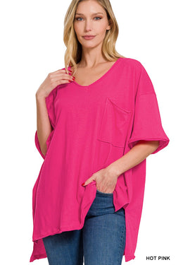Oversized Front Pocket Raw Edge Top Hot Pink