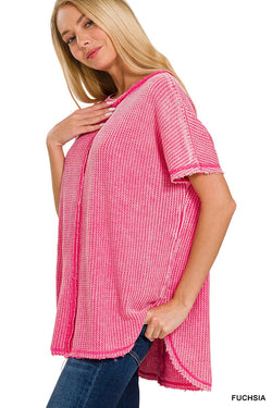 Washed Baby Waffle Short Sleeve Top Fuchsia