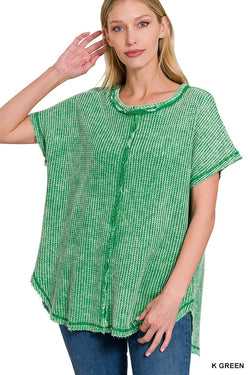 Washed Baby Waffle Short Sleeve Top K Green