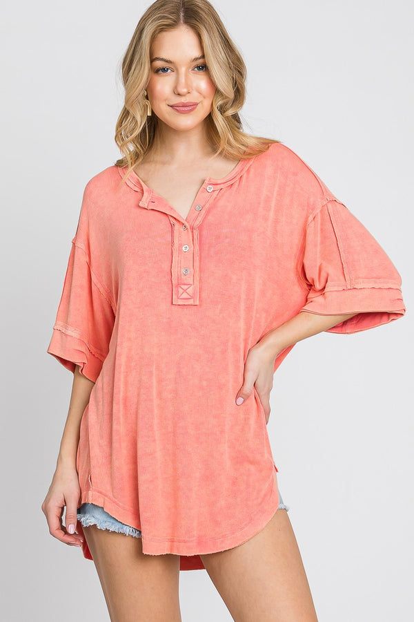 Mineral Wash Cut Edge Round Hem Top Vintage Coral