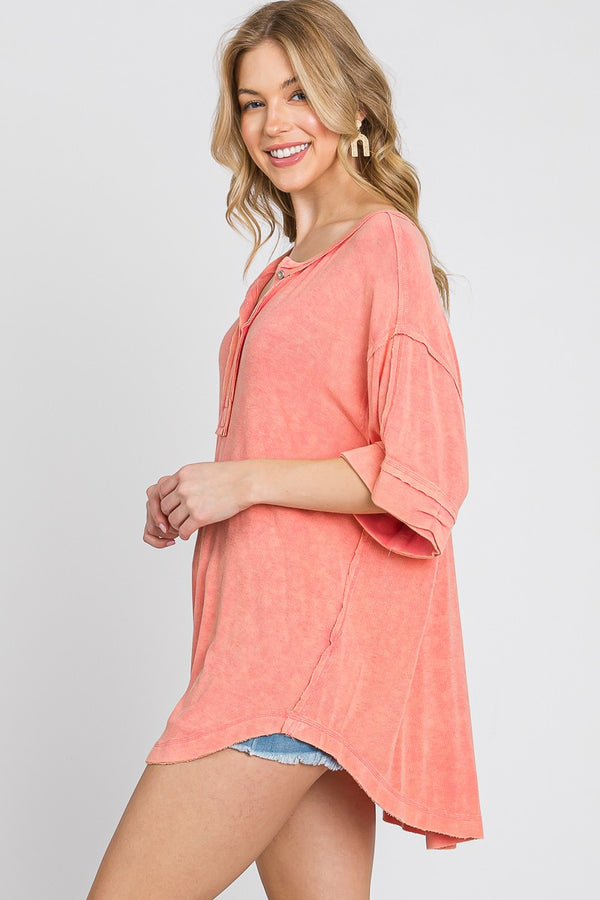 Mineral Wash Cut Edge Round Hem Top Vintage Coral