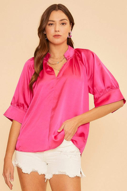 Satin V-Neck Blouse Top Hot Pink