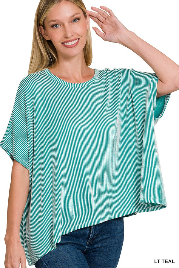 Ribbed Striped Short Sleeve Top Lt Teal