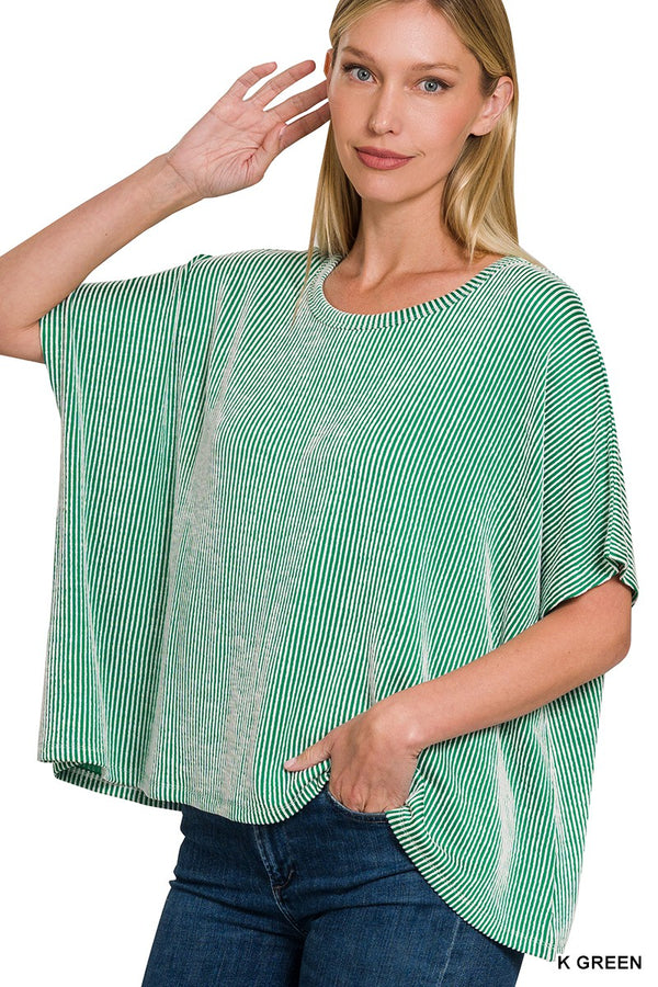 Ribbed Striped Short Sleeve Top K Green