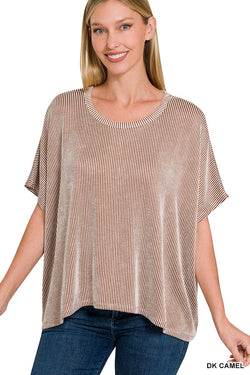 Ribbed Striped Short Sleeve Top Dk Camel