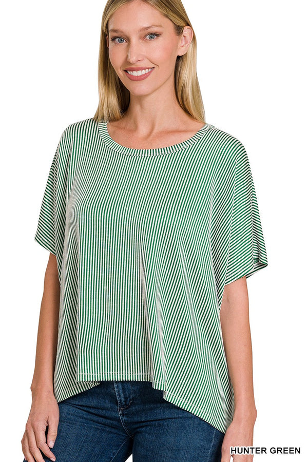 Ribbed Striped Short Sleeve Top Hunter Green