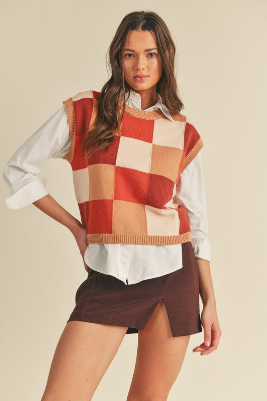 Colorful Checkered Sweater Vest Brown