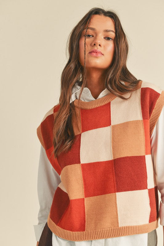 Colorful Checkered Sweater Vest Brown