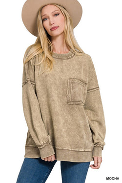 Acid Wash Front Pocket Pullover Mocha