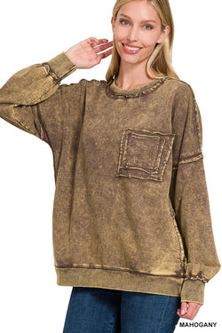 Acid Wash Front Pocket Pullover Mahogany