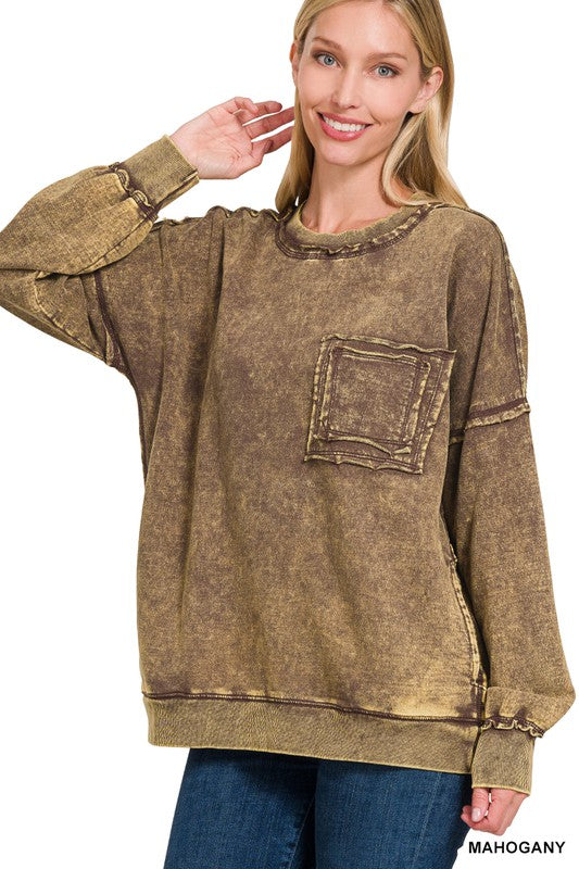 Acid Wash Front Pocket Pullover Mahogany