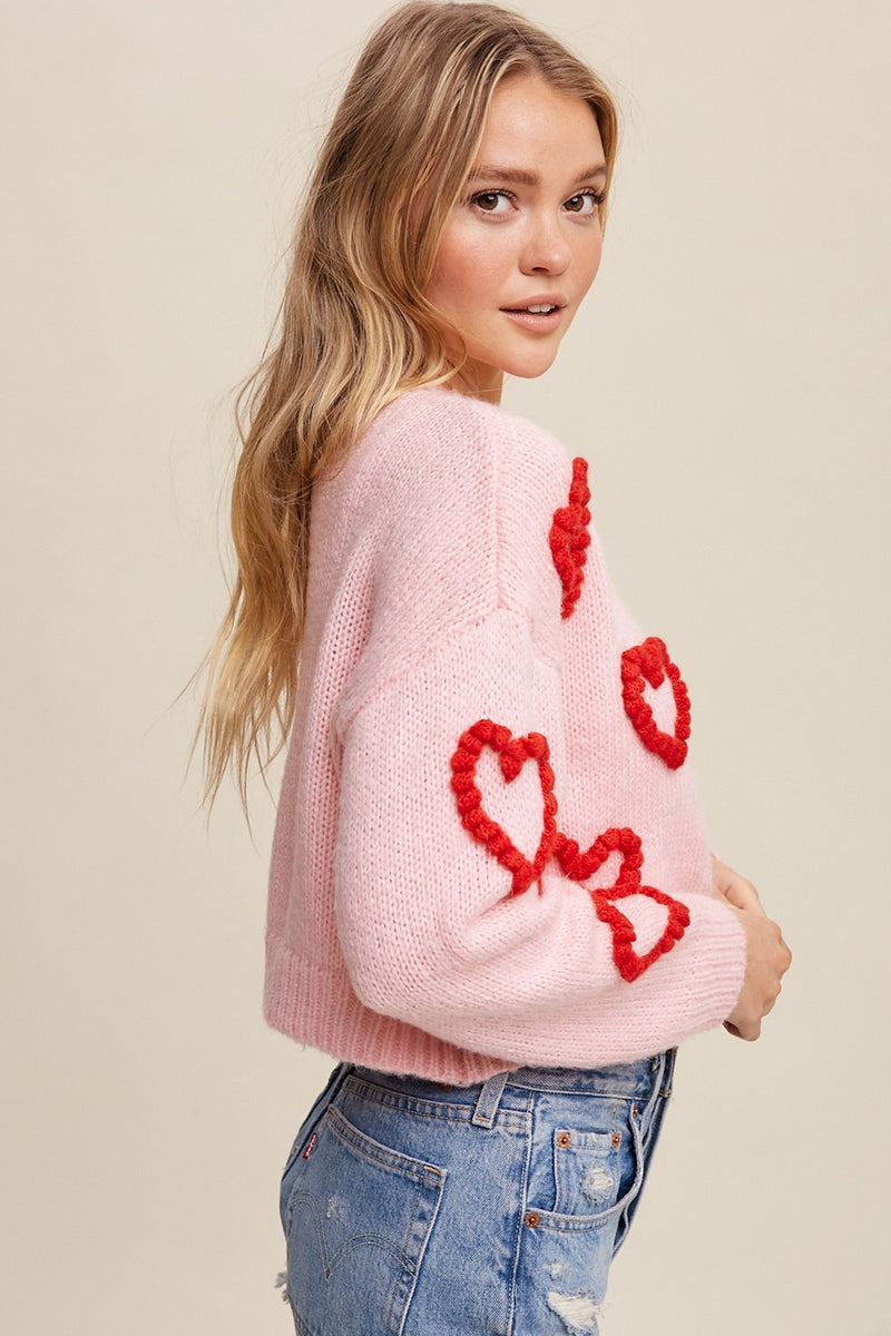 Knit Cropped Heart Cardigan Pink