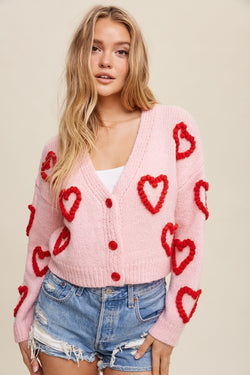 Knit Cropped Heart Cardigan Pink