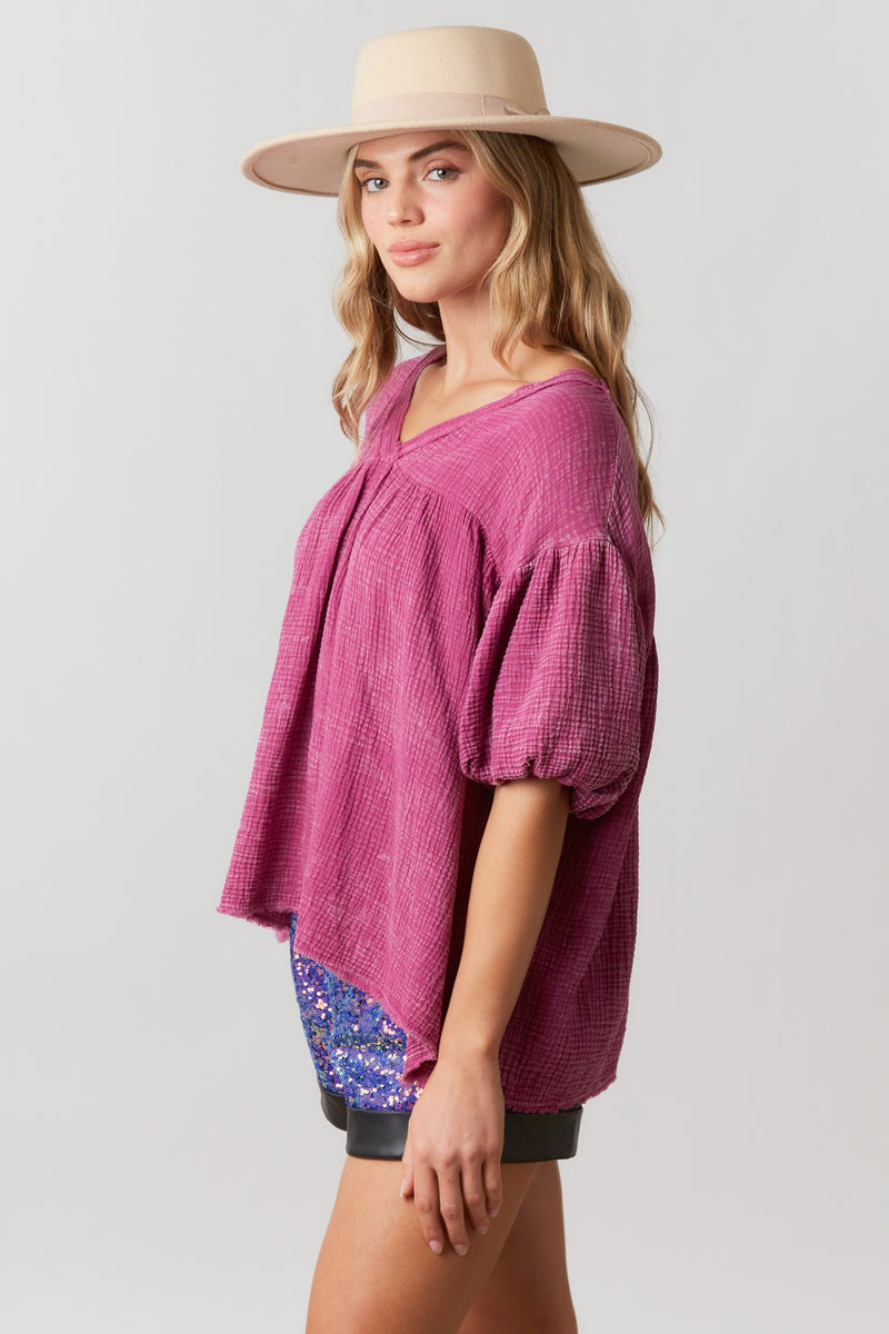 Mineral Washed Cotton Gauze Top Plum