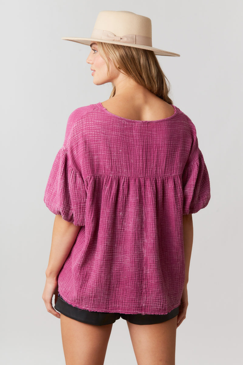 Mineral Washed Cotton Gauze Top Plum