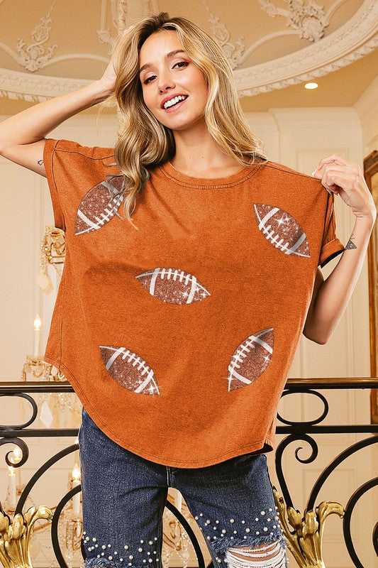 Football Sequin Embroidery Top Vintage Orange