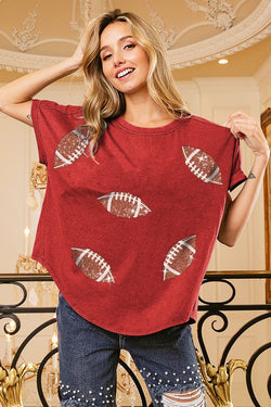 Football Sequin Embroidery Top Vintage Red