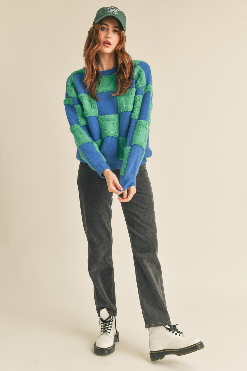 Textured Checkered Sweater Pullover Blue Green