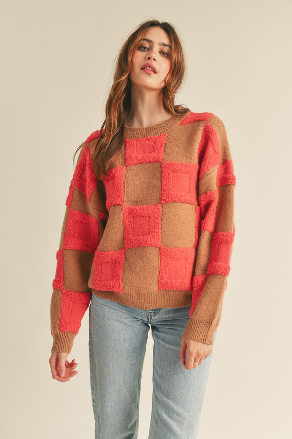 Textured Checkered Sweater Pullover Taupe Magenta